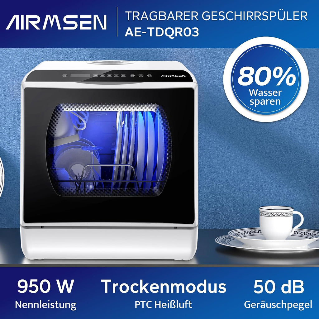 Tischgeschirrspüler AE-TDQR03 Mini Geschirrspüler mit 5L Wassertank 6 Programme Touch Control LED Display 400W