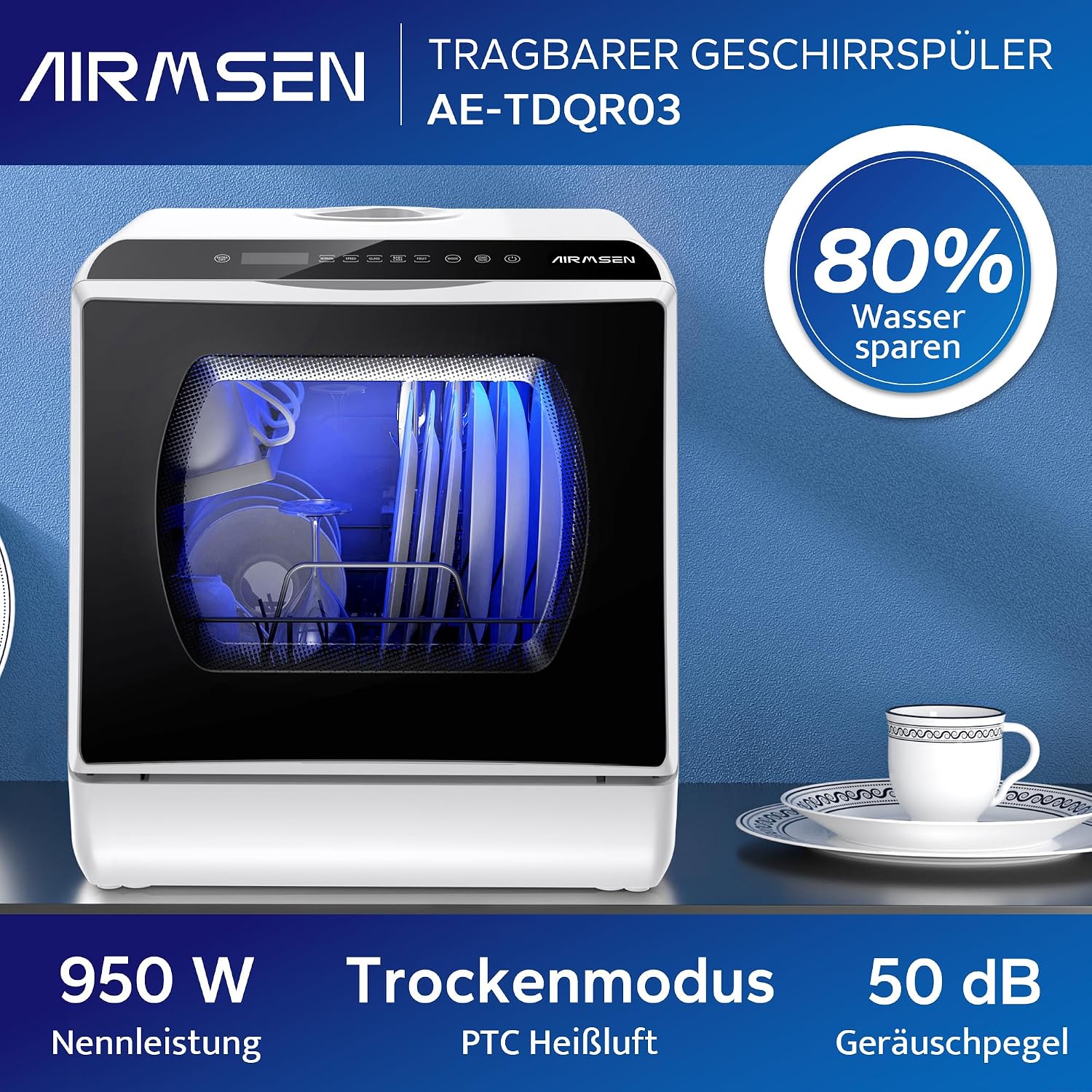 Tischgeschirrspüler AE-TDQR03 Mini Geschirrspüler mit 5L Wassertank 6 Programme Touch Control LED Display 400W
