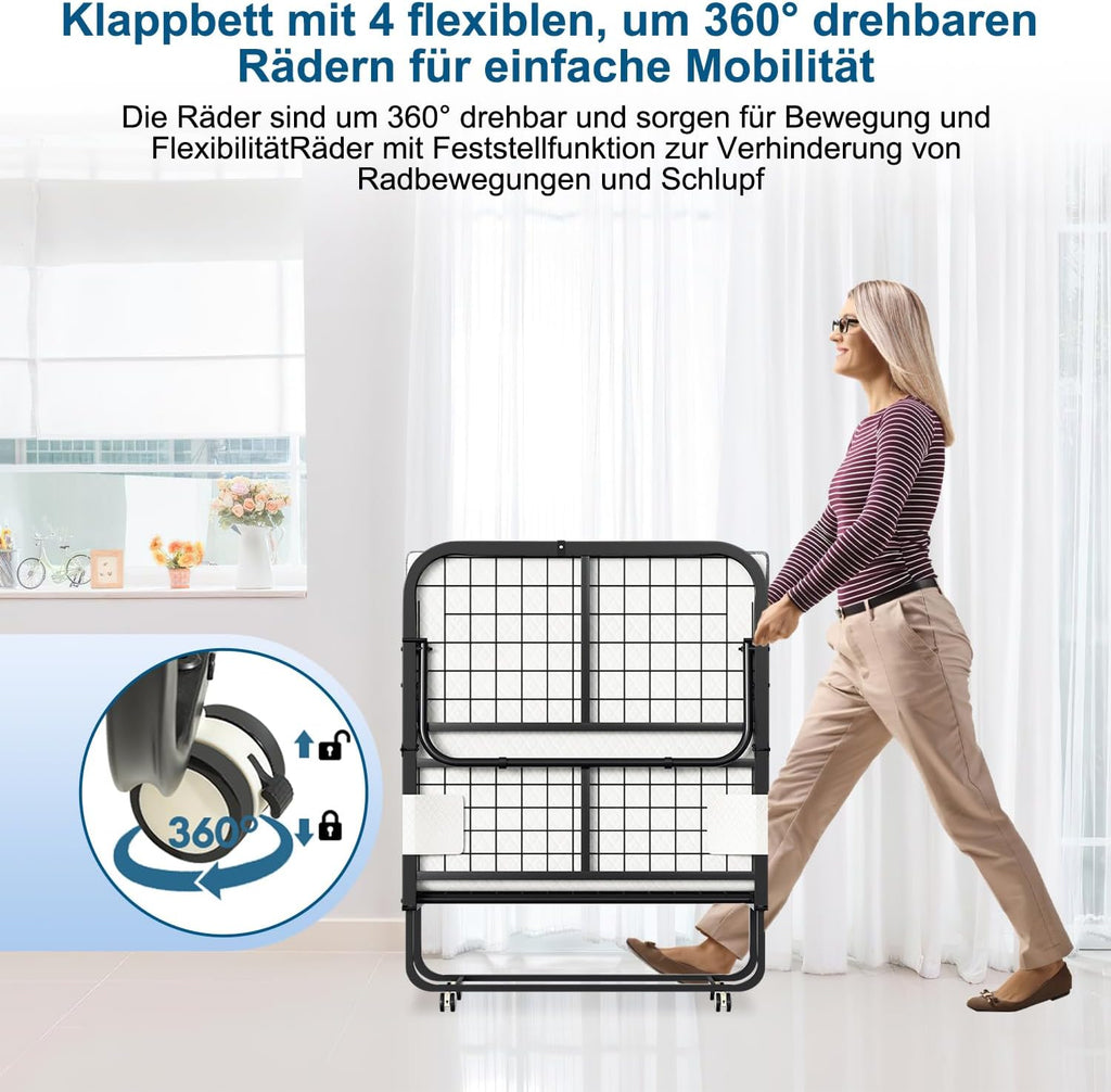 Klappbett 90x200cm Gästebett mit 13cm Schaumstoffmatratze Metallrahmen 200kg Belastbarkeit mit Rollen