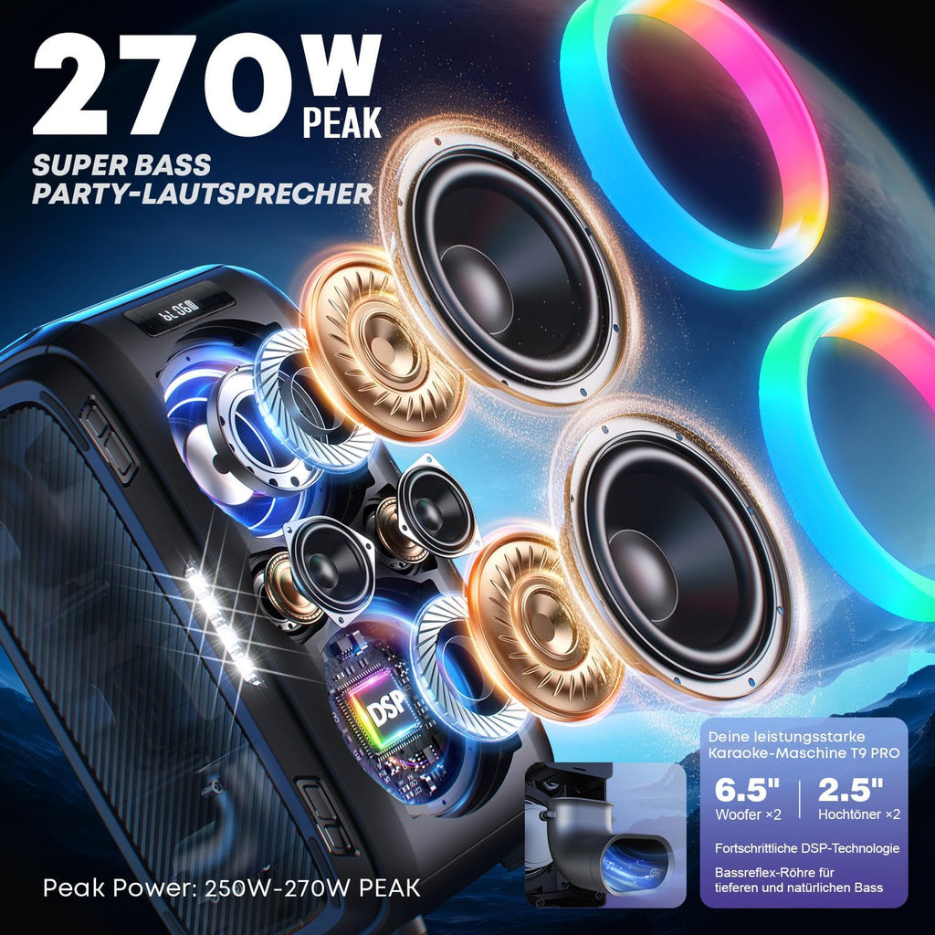 Bluetooth Lautsprecher T9 Pro Tragbarer Outdoor Lautsprecher 270W Stereo mit Bluetooth 5.3 USB TF AUX Mikrofonanschluss