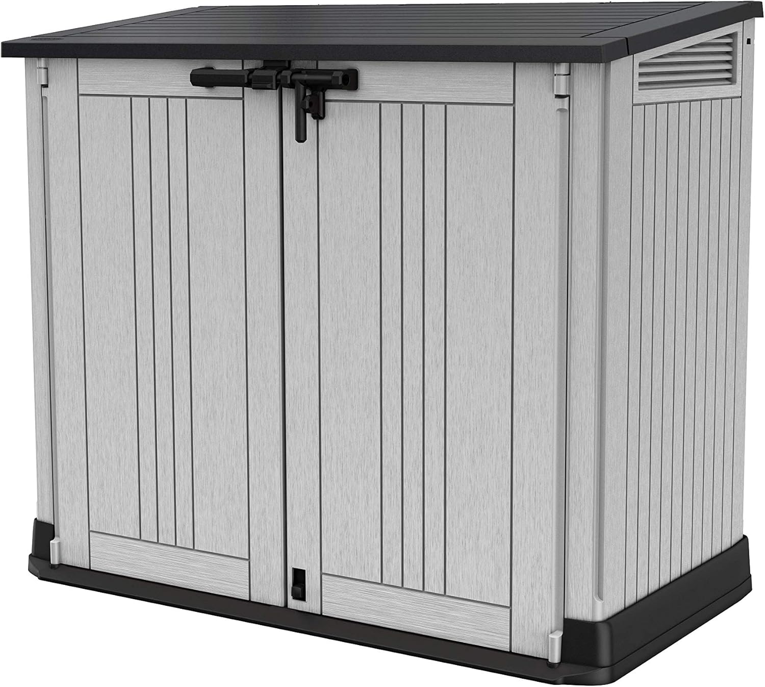 Gartenschuppen Store It Out Nova 132 x 71,5 x 113,5 cm Kunststoff Außenaufbewahrung wetterfest abschließbar hellgrau dunkelgrauer Deckel