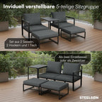 5-teiliges Gartenmöbel Set Asteri Sitzgruppe für 2-4 Personen 2 Sessel 2 Hocker 1 Tisch Metallgestell wetterfest mit Sitzpolstern