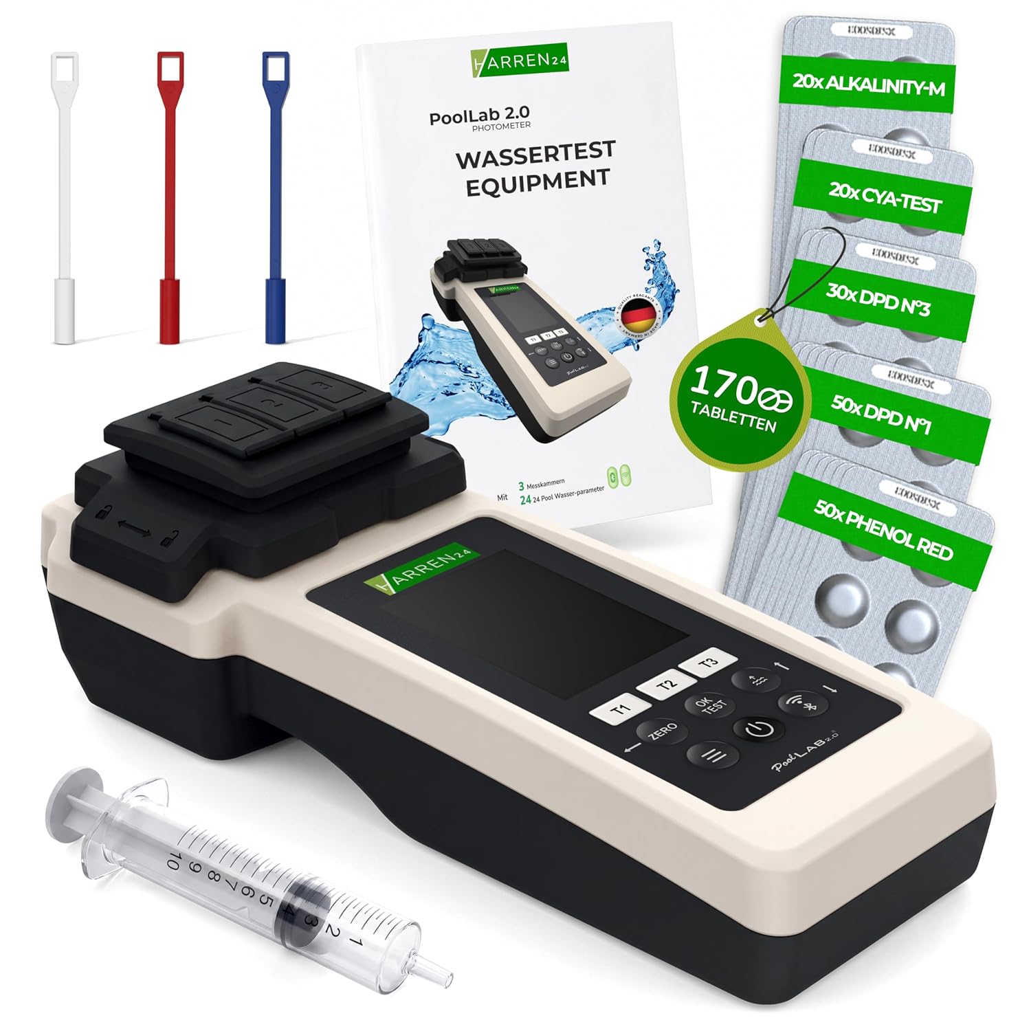 Elektronischer Pooltester PoolLab 2.0 Photometer Wasseranalysegerät mit Bluetooth DPD1 DPD3 pH CYA Alkalinität 170 Testtabletten