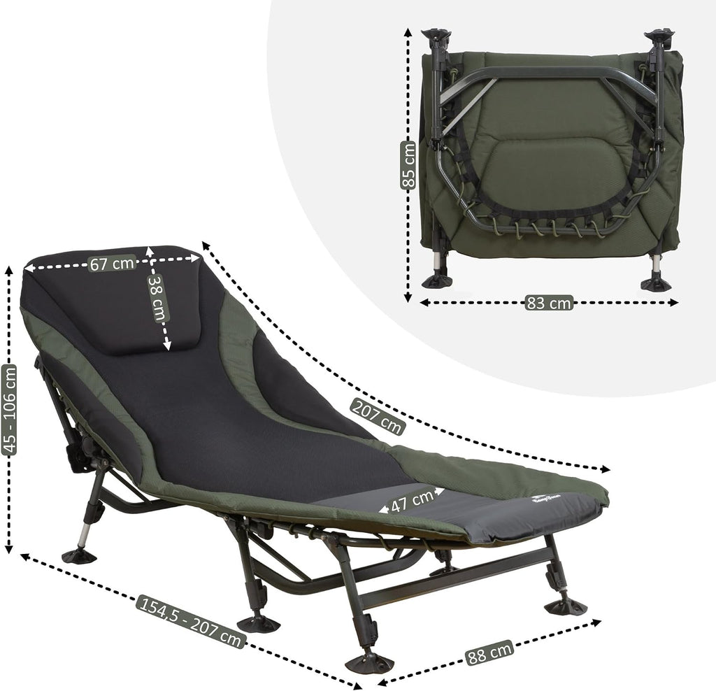 Karpfenliege XXL AL05 207 x 88 cm höhenverstellbares Campingbett mit 8 Beinen Aluminiumrahmen inklusive Transporttasche