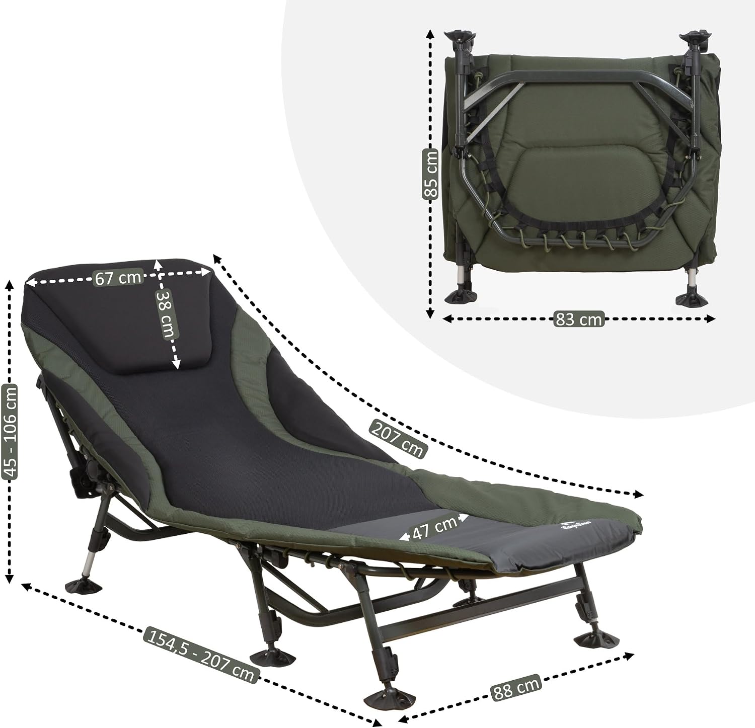 Karpfenliege XXL AL05 207 x 88 cm höhenverstellbares Campingbett mit 8 Beinen Aluminiumrahmen inklusive Transporttasche