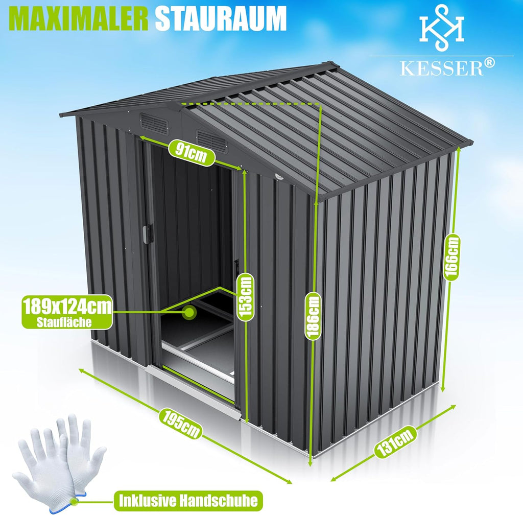 Metall Gerätehaus Garten 195x131x186cm 4.2m³ Schiebetür mit Fundamentrahmen Anthrazit