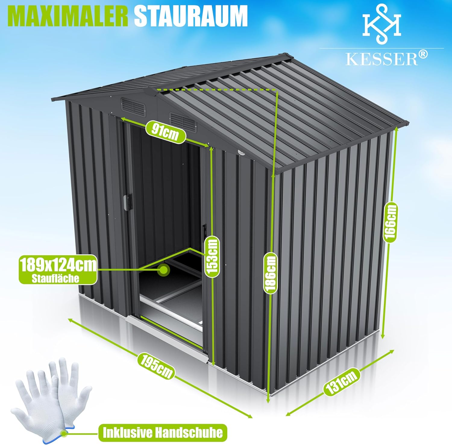 Metall Gerätehaus Garten 195x131x186cm 4.2m³ Schiebetür mit Fundamentrahmen Anthrazit