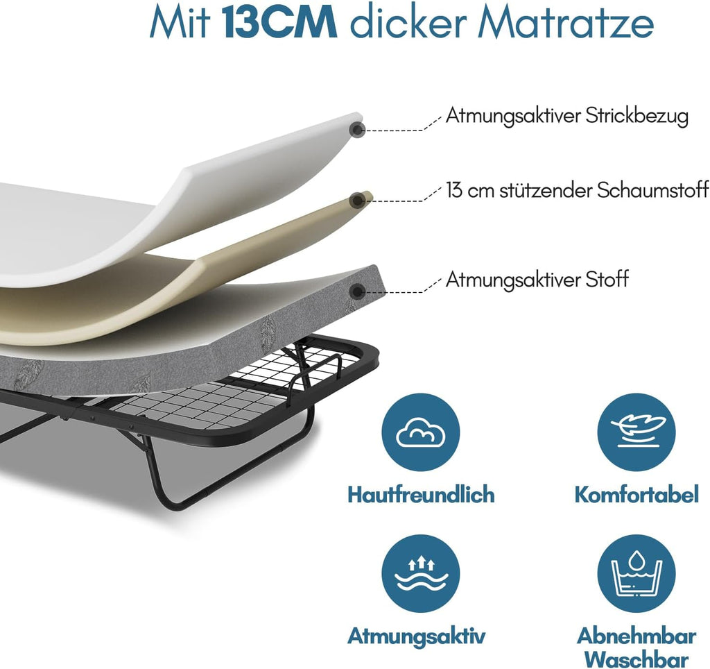 Klappbett 90x200cm Gästebett mit 13cm Schaumstoffmatratze Metallrahmen 200kg Belastbarkeit mit Rollen