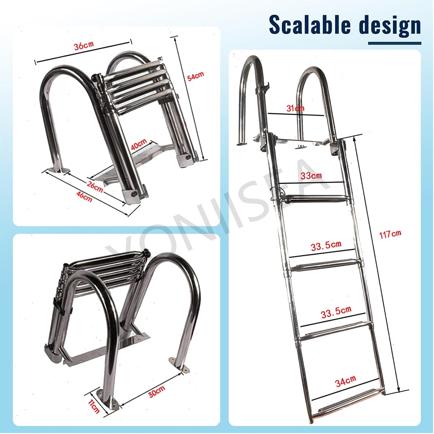 Edelstahl Poolleiter Klappbar 4 Stufen Ausziehbar 120-150 cm Poolhöhe Rutschfeste Stufen Handlauf Traglast 220 kg