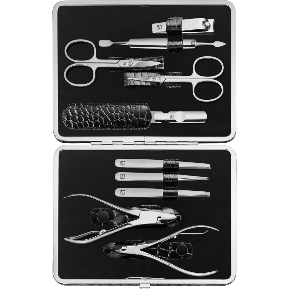 Maniküre Set 10 teilig Edelstahl Nagelpflege Set mit Echtleder Etui Metallrahmen für Finger und Fußnägel