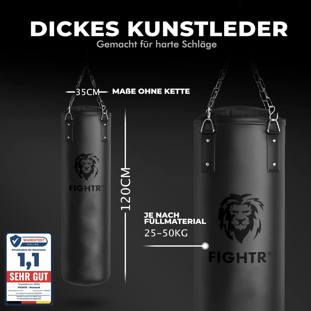 Boxsack 120x35cm PU 30kg mit 4-Punkt-Stahlkette gefüllt oder ungefüllt für Boxen Kickboxen MMA Muay Thai