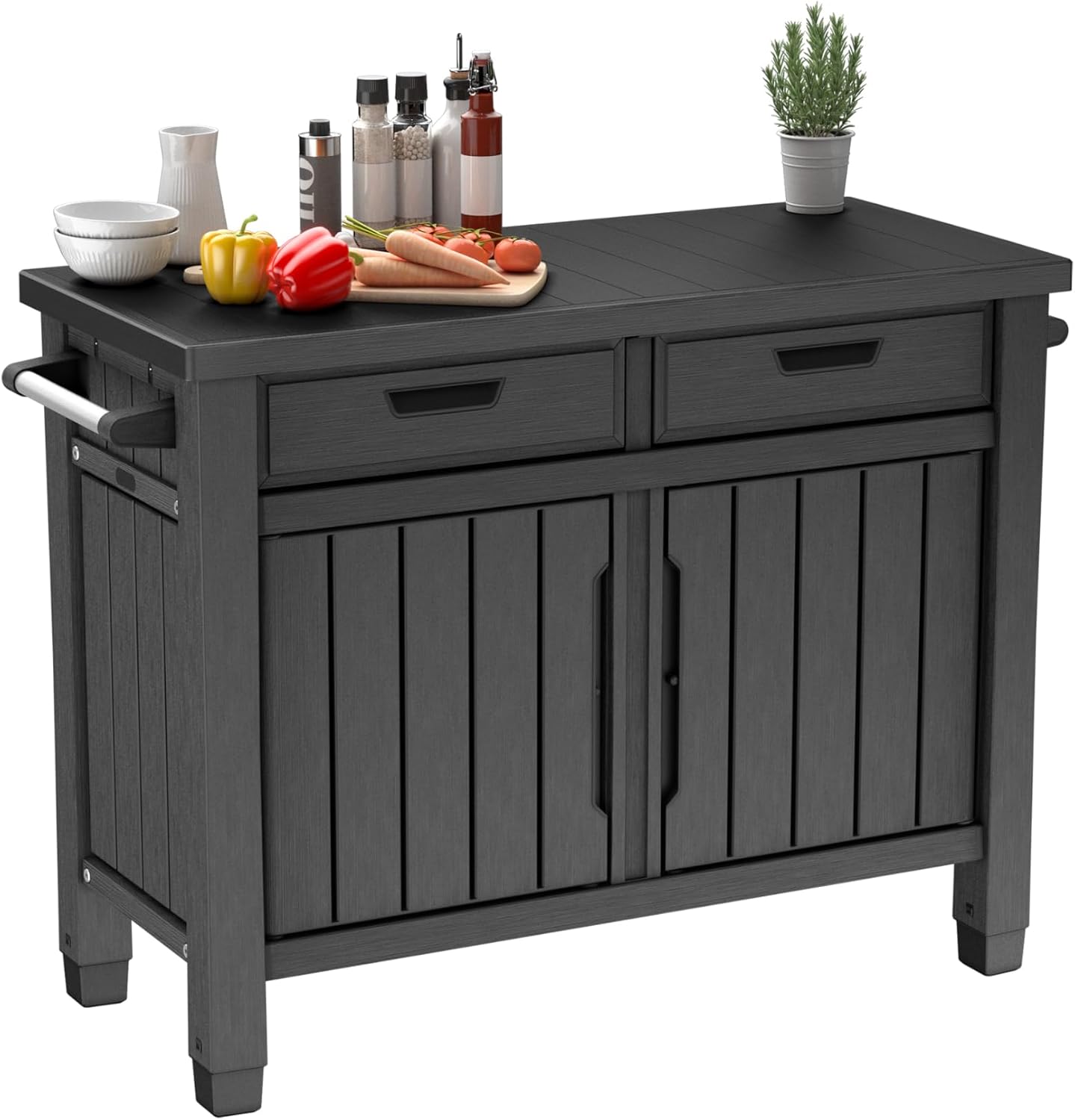 Outdoor Grilltisch Beistelltisch 22634 mit 2 Schubladen Holzoptik Kunstharz Stauraum 124 cm für Garten und Grillbereich