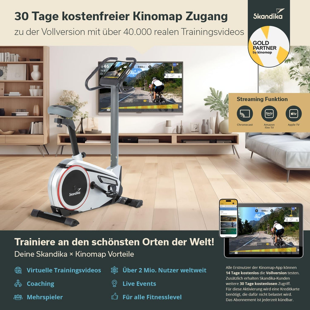 Heimtrainer Ergometer Morpheus Magnetbremssystem 12 kg Schwungmasse 32 Stufen 24 Programme Kinomap App kompatibel 150 kg 144x56x103 cm