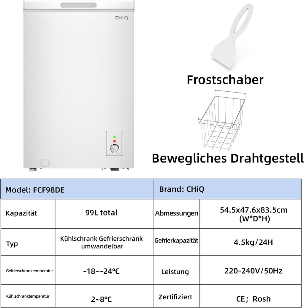 Gefriertruhe FCF98DE 99 L mit Schnellgefrierfunktion LED Beleuchtung 39 dB 4 Sterne Gefrieren freistehend