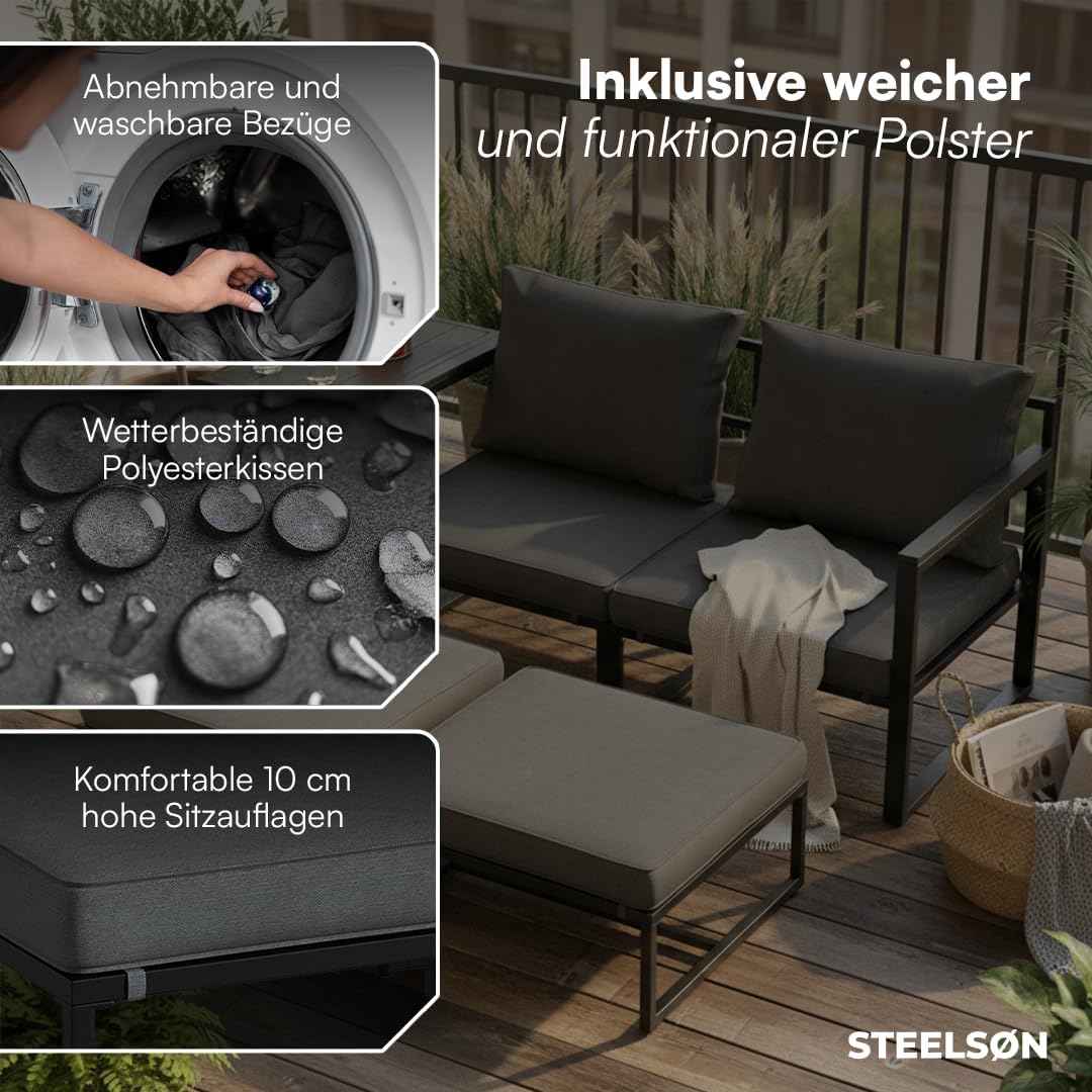 5-teiliges Gartenmöbel Set Asteri Sitzgruppe für 2-4 Personen 2 Sessel 2 Hocker 1 Tisch Metallgestell wetterfest mit Sitzpolstern