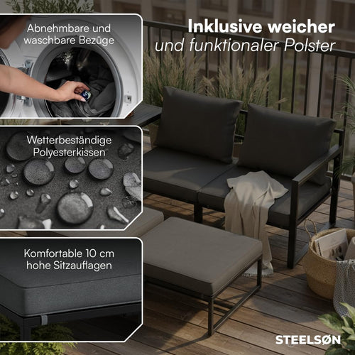 5-teiliges Gartenmöbel Set Asteri Sitzgruppe für 2-4 Personen 2 Sessel 2 Hocker 1 Tisch Metallgestell wetterfest mit Sitzpolstern