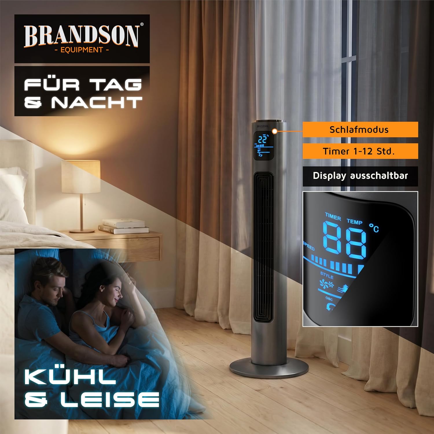 Turmventilator 96 cm mit Fernbedienung 3 Geschwindigkeiten 3 Modi Oszillation Timer Standventilator leise Cool Grey
