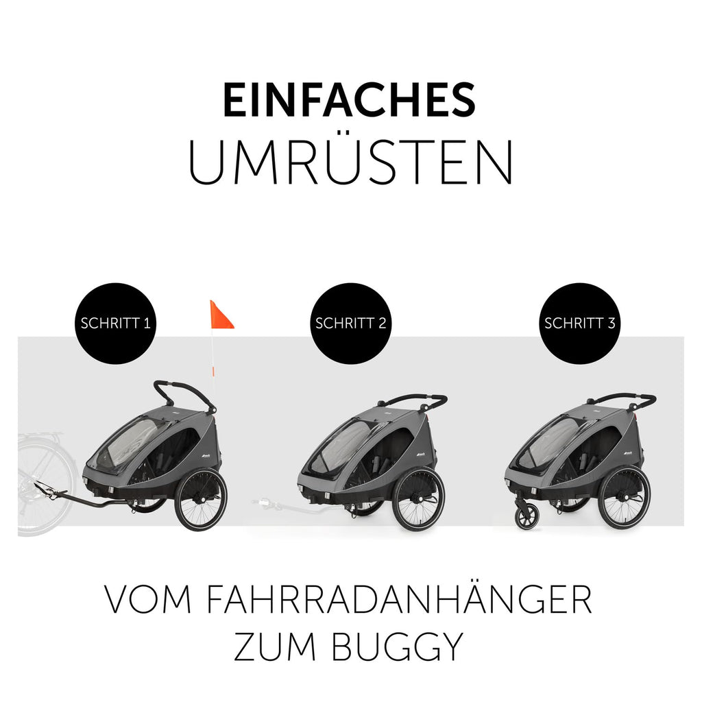 Kinderfahrradanhänger Dryk Duo 2in1 Fahrradanhänger und Buggy für 2 Kinder faltbar mit Deichsel und Sicherheitsfahne
