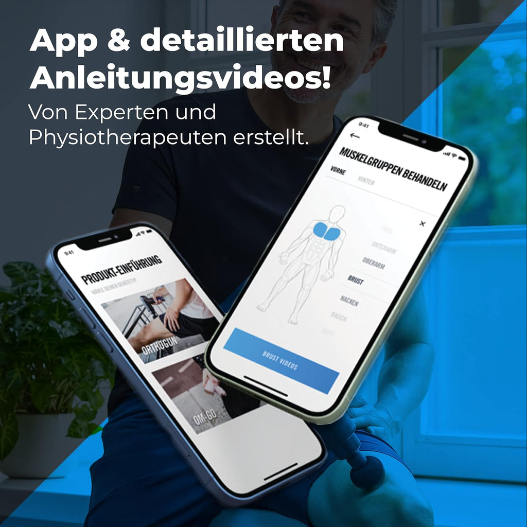 Massagepistole OrthoGun 160W mit App 5 Intensitäten 7 Massageaufsätze Tragetasche Akku Laufzeit bis 360 Min