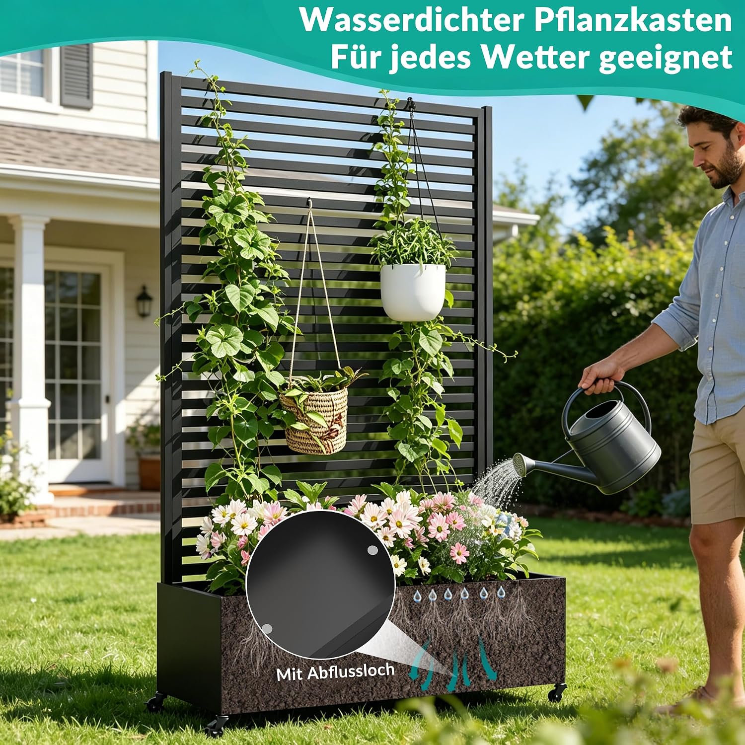 Pflanzkasten mit Spalier Metall Hochbeet auf Rollen Sichtschutz 120x40x185 cm rechteckig Garten Balkon Terrasse