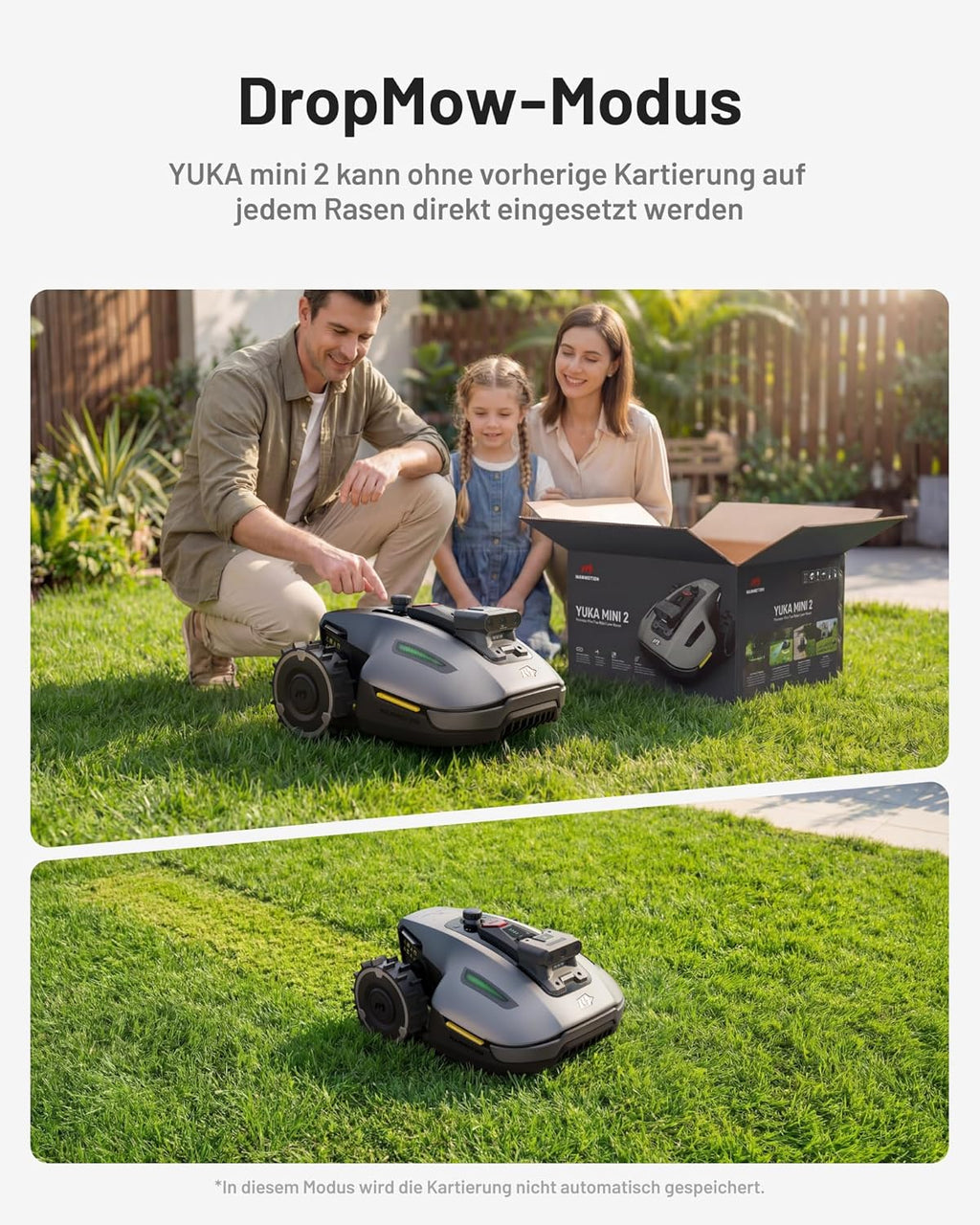 Mähroboter ohne Begrenzungskabel YUKA mini 2 500 KI Navigation automatische Mehrzonen Kartierung 500 m² Rasenpflege 45% Steigung