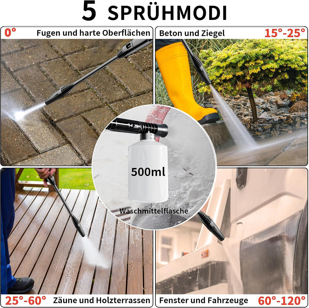 Hochdruckreiniger 180 Bar 450 l/h mit 7 m Hochdruckschlauch Schlauchtrommel 500 ml Reinigungsmittelbehälter 6-in-1-Düse
