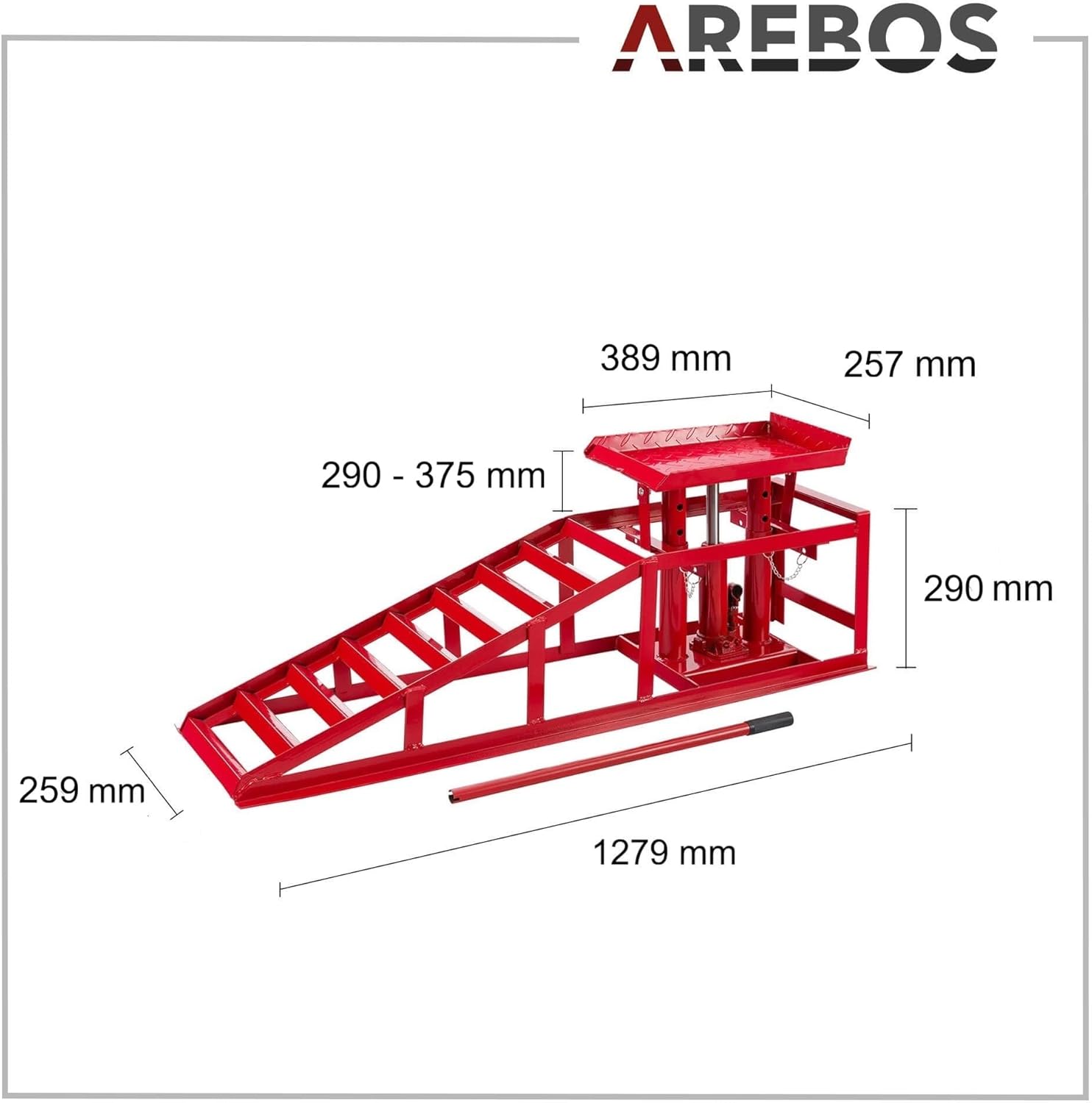 Auffahrrampe mit hydraulischem Wagenheber 4260199757468 höhenverstellbar 2 t Tragkraft 257 mm Reifenbreite Sicherheitsventil