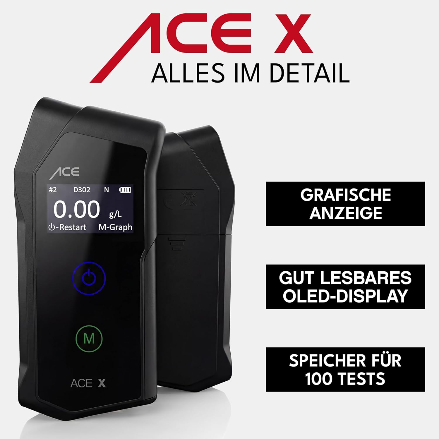 Atemalkoholtester elektrochemischer Sensor Speicherfunktion inkl Mundstücke Transporttasche AAA Batterien