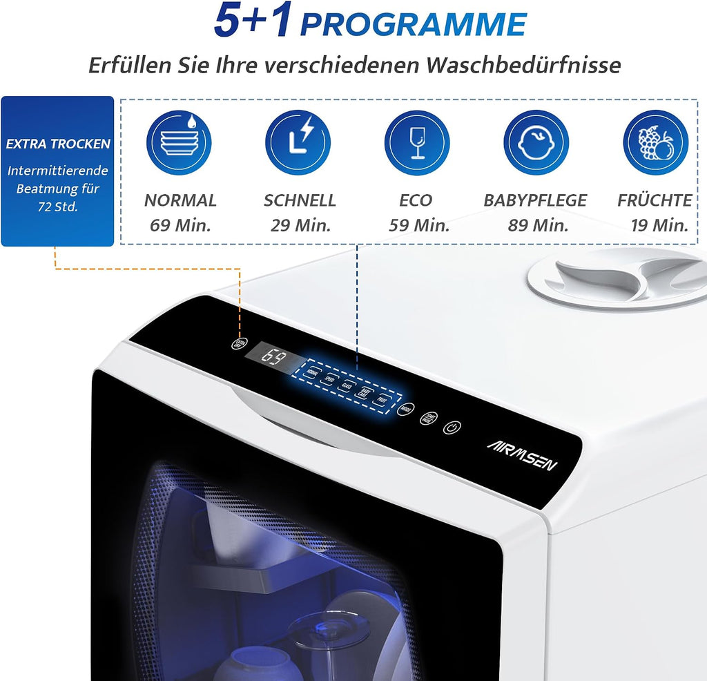 Tischgeschirrspüler AE-TDQR03 Mini Geschirrspüler mit 5L Wassertank 6 Programme Touch Control LED Display 400W