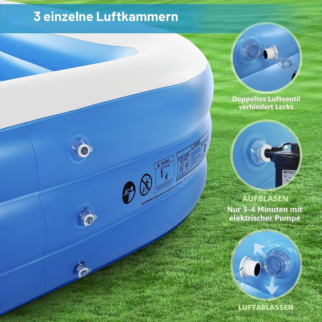 Aufblasbarer Pool rechteckig 305 x 182 x 56 cm PVC Schwimmbecken mit 312 Gallonen Kapazität 3 Luftkammern Familienpool Garten