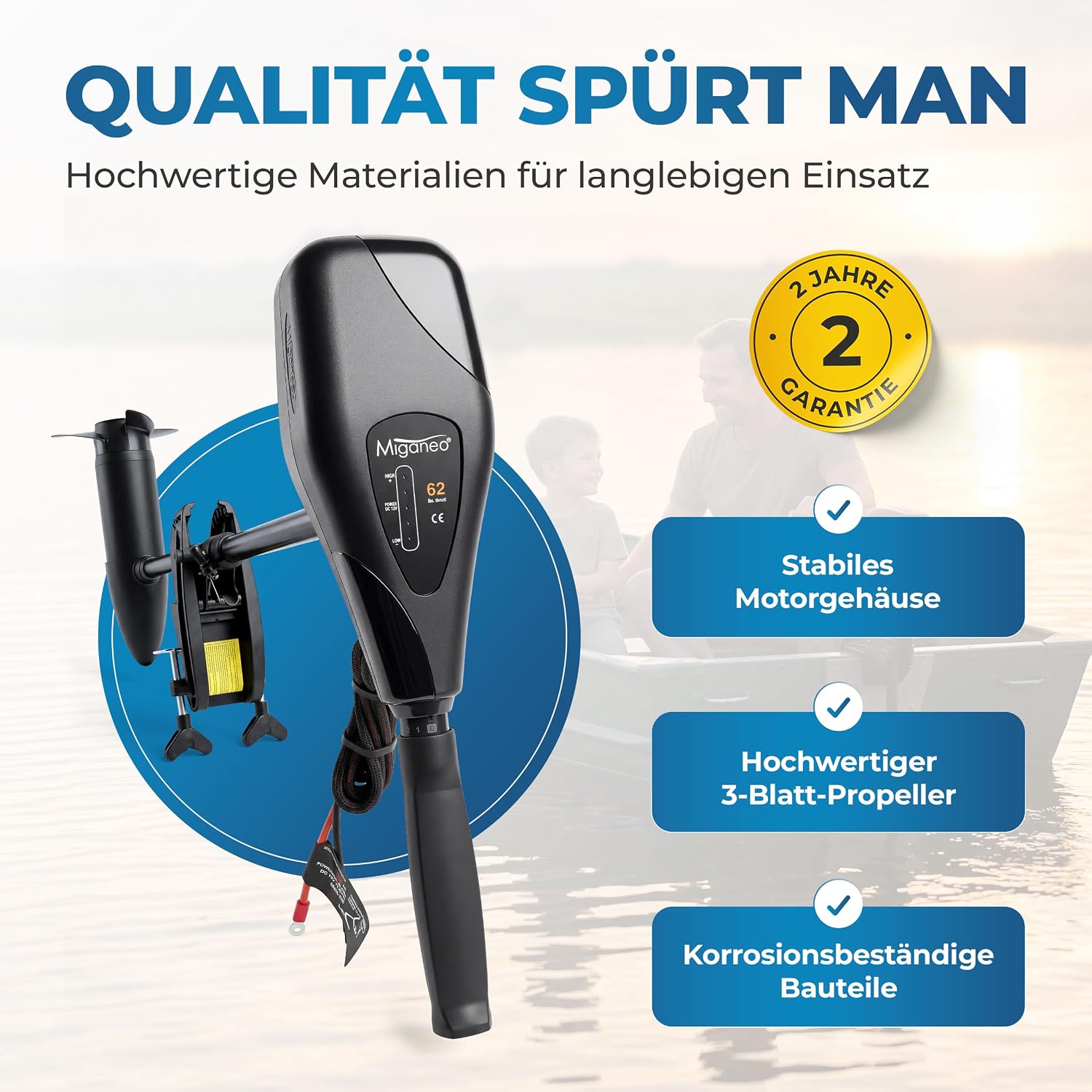 Elektro Außenborder 62 lbs 12V 696 W Modell 62 mit LED Batterieanzeige 5 Vorwärtsgänge 3 Rückwärtsgänge