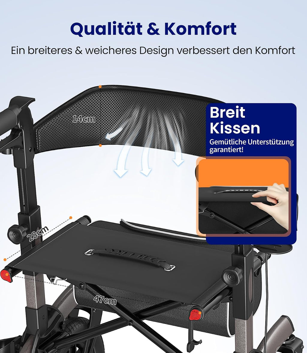 Rollator 4-Rad Gehwagen mit Sitz Aluminium faltbar höhenverstellbar Outdoor pannensichere Gummireifen 136 kg Tragfähigkeit grau