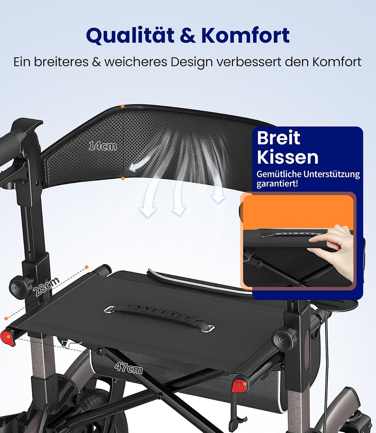 Rollator 4-Rad Gehwagen mit Sitz Aluminium faltbar höhenverstellbar Outdoor pannensichere Gummireifen 136 kg Tragfähigkeit grau