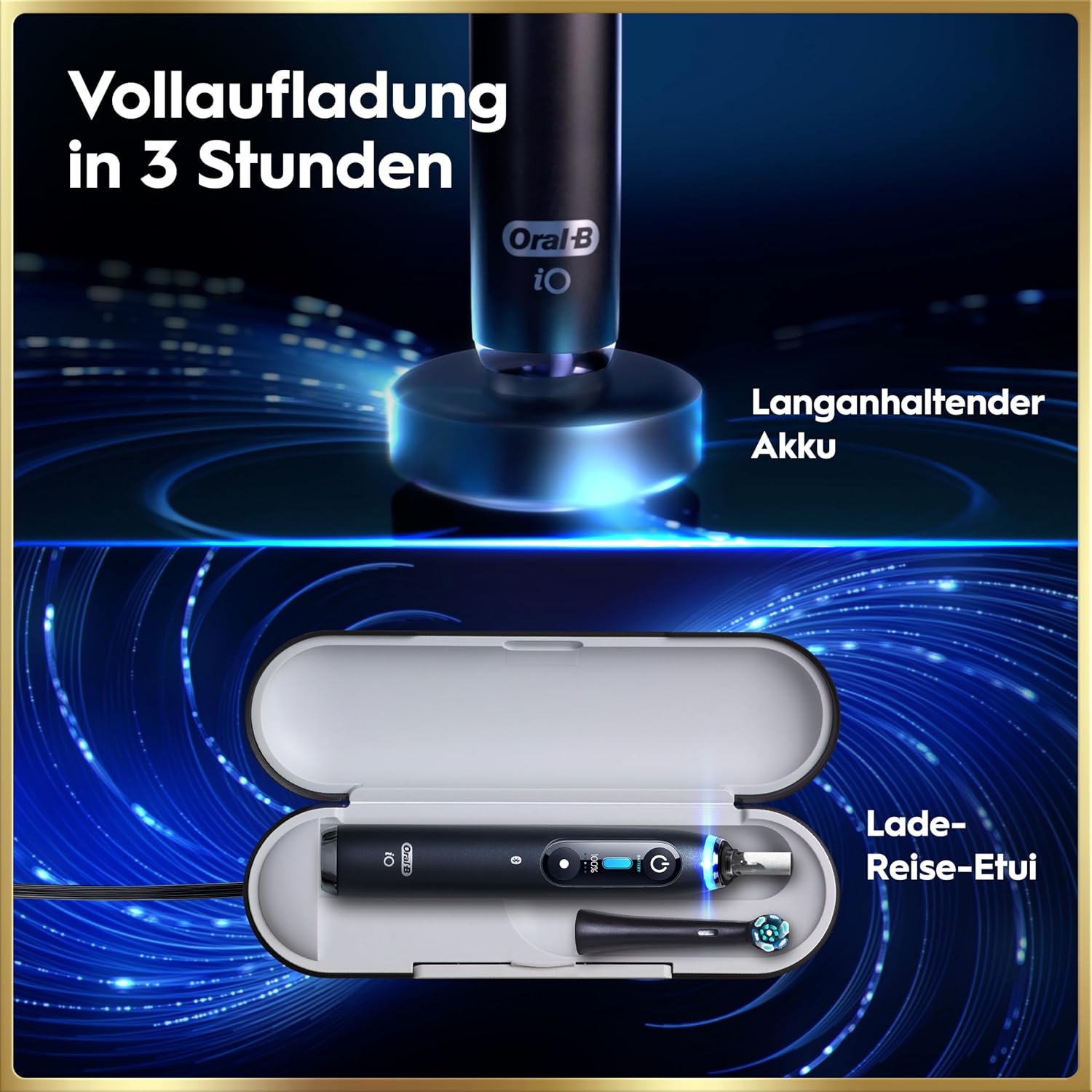 Elektrische Zahnbürste mit Aufsteckbürsten iO Series 9 wiederaufladbar 7 Reinigungsmodi Smart Druckkontrolle Rundbürstenkopf Schwarz