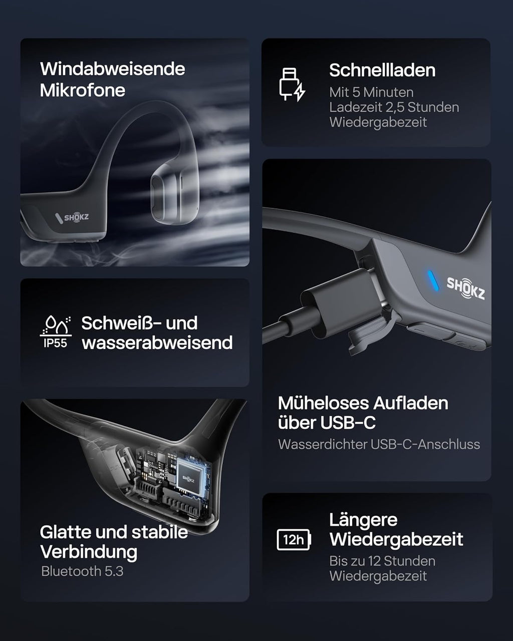 Knochenschall Open-Ear Kopfhörer S820 Bluetooth 5.3 Sport IP55 12 Std Wiedergabe USB-C Schnellladung Mikrofon