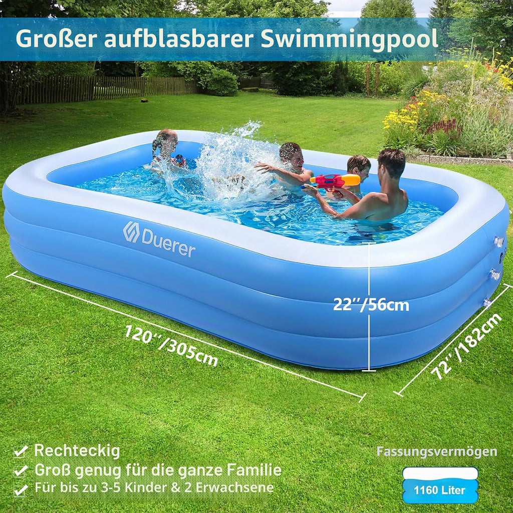 Aufblasbarer Pool rechteckig 305 x 182 x 56 cm PVC Schwimmbecken mit 312 Gallonen Kapazität 3 Luftkammern Familienpool Garten
