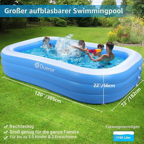 Aufblasbarer Pool rechteckig 305 x 182 x 56 cm PVC Schwimmbecken mit 312 Gallonen Kapazität 3 Luftkammern Familienpool Garten
