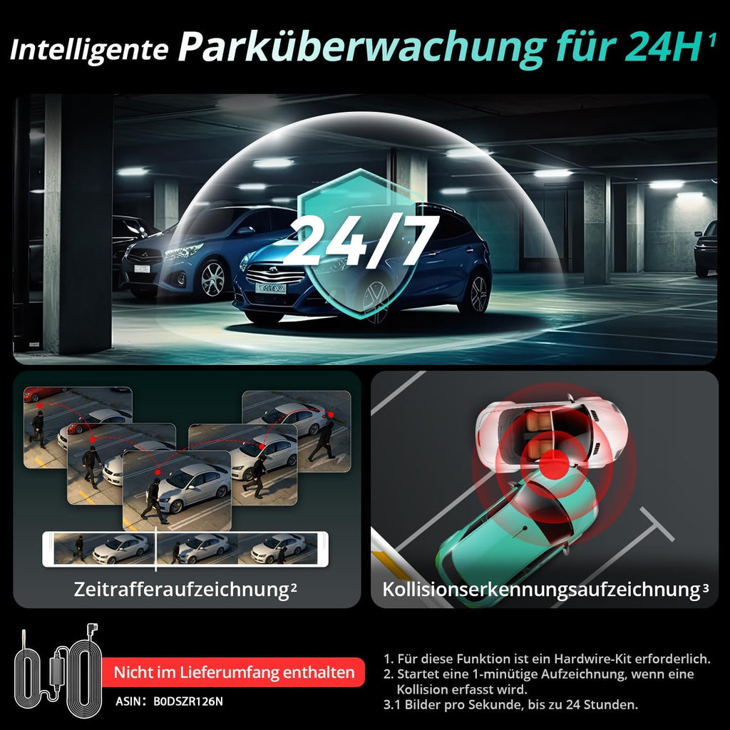4K Dashcam Auto Vorne Hinten Dual Kamera mit STARVIS 2 Sensor WDR GPS WLAN Sprachsteuerung 64GB SD-Karte