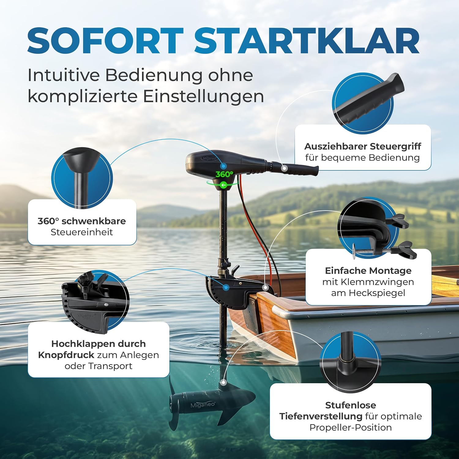 Elektro Außenborder 62 lbs 12V 696 W Modell 62 mit LED Batterieanzeige 5 Vorwärtsgänge 3 Rückwärtsgänge