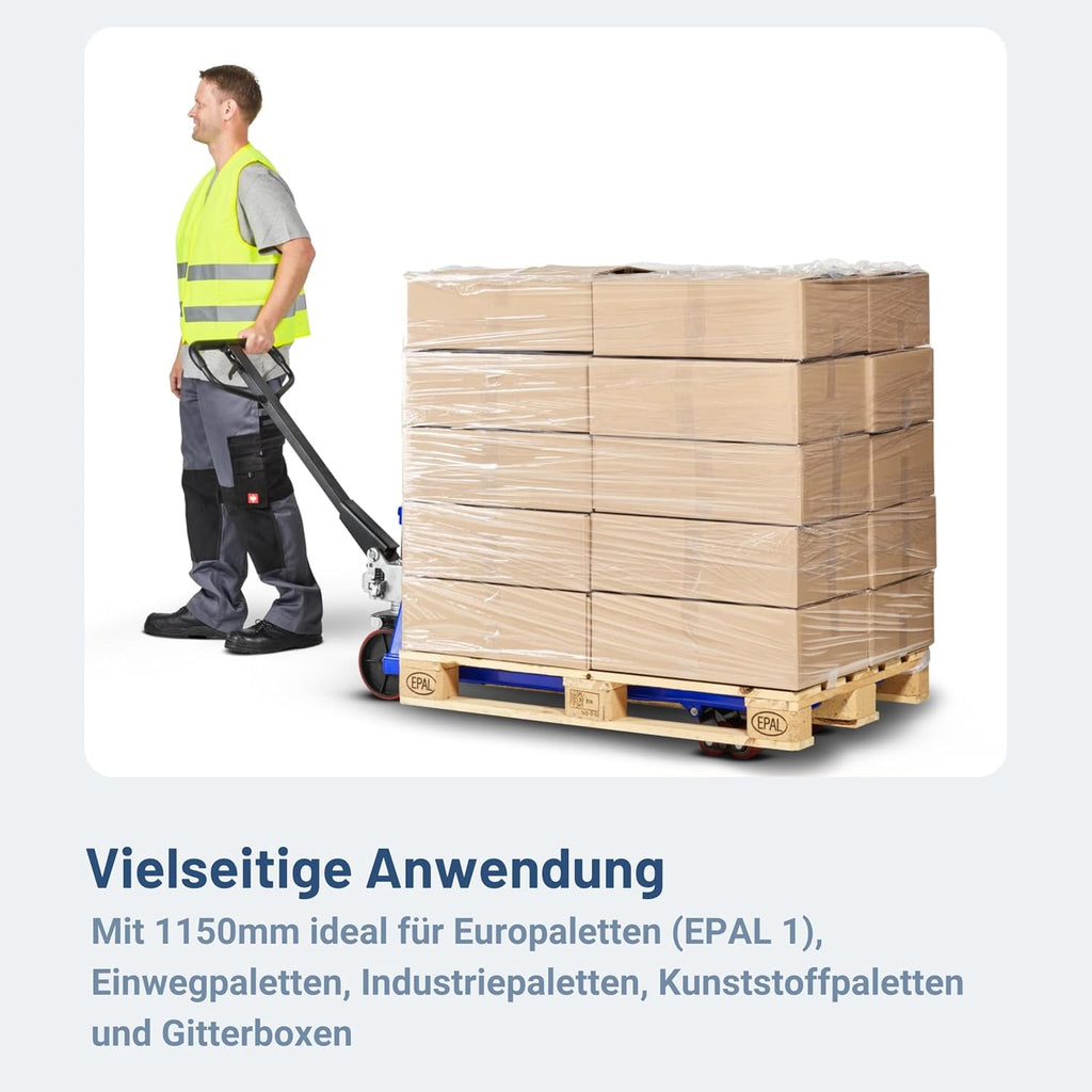 Handhubwagen FIVE 2500 kg Tragkraft mit 1150 mm Gabellänge Stahlrahmen Gummirollen Palettenwagen für Euro-Paletten