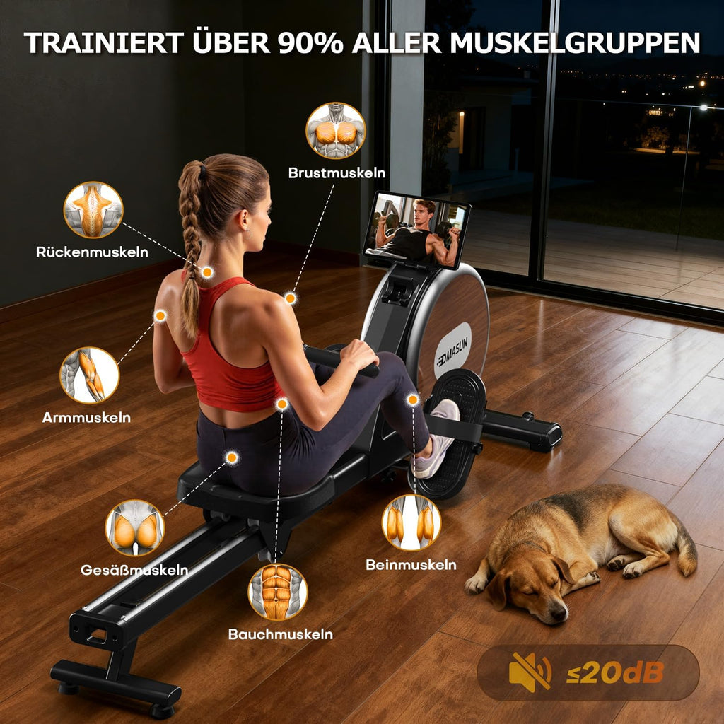 Rudergerät 106M Magnetisches Heimtrainingsgerät mit Doppelschienen 16 Widerstandsstufen APP Verbindung LCD Anzeige
