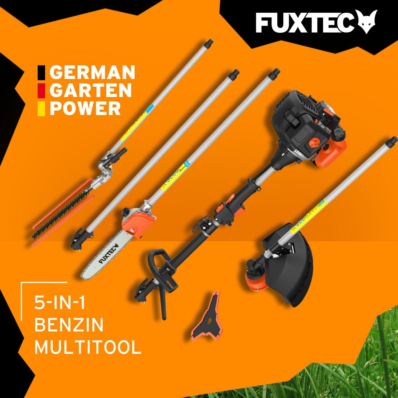 Benzin Motorsense FX-MT152E 5in1 Kombisystem 52 cc 3 PS mit Heckenschere Hochentaster Verlängerung und Tragegurt