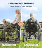Faltbarer Rollstuhl U31 17kg bis 150kg Transportrollstuhl klappbar Selbstantrieb Doppelbremsen pannensichere Reifen Hellgrau