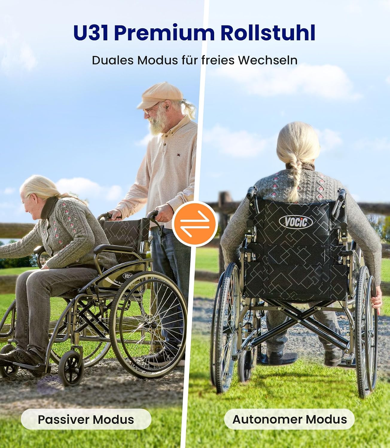 Faltbarer Rollstuhl U31 17kg bis 150kg Transportrollstuhl klappbar Selbstantrieb Doppelbremsen pannensichere Reifen Hellgrau