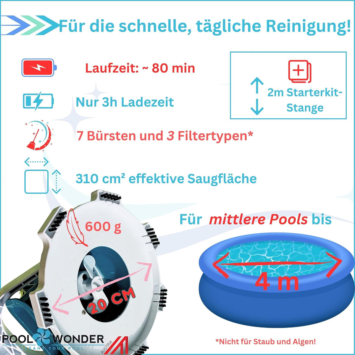 Akku Poolsauger Marvelix Poolreiniger mit 7,4 V Lithium Akku 20 cm Saugbreite 3 Filtertypen inklusive Edelstahlstange