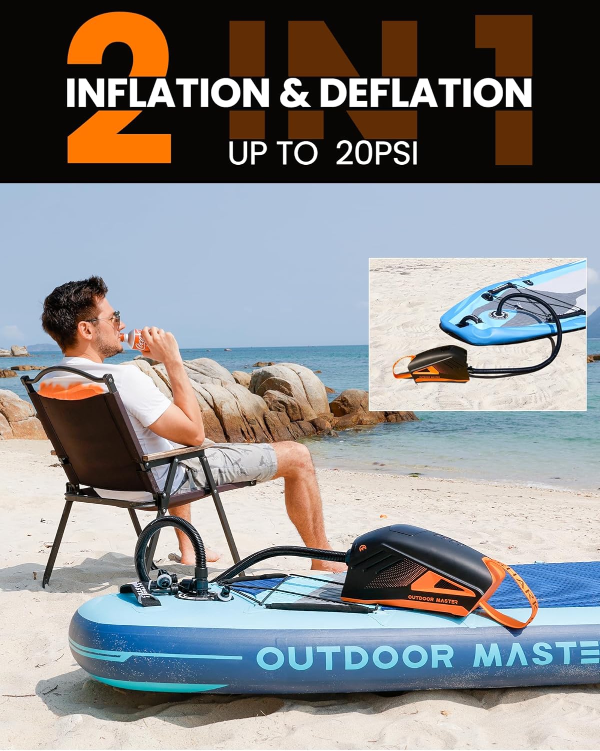 Elektrische SUP Pumpe Shark 3 Akku Luftpumpe 20 PSI 74Wh mit Auto-Off Funktion 8 Düsen Luftschlauch für SUP Boards