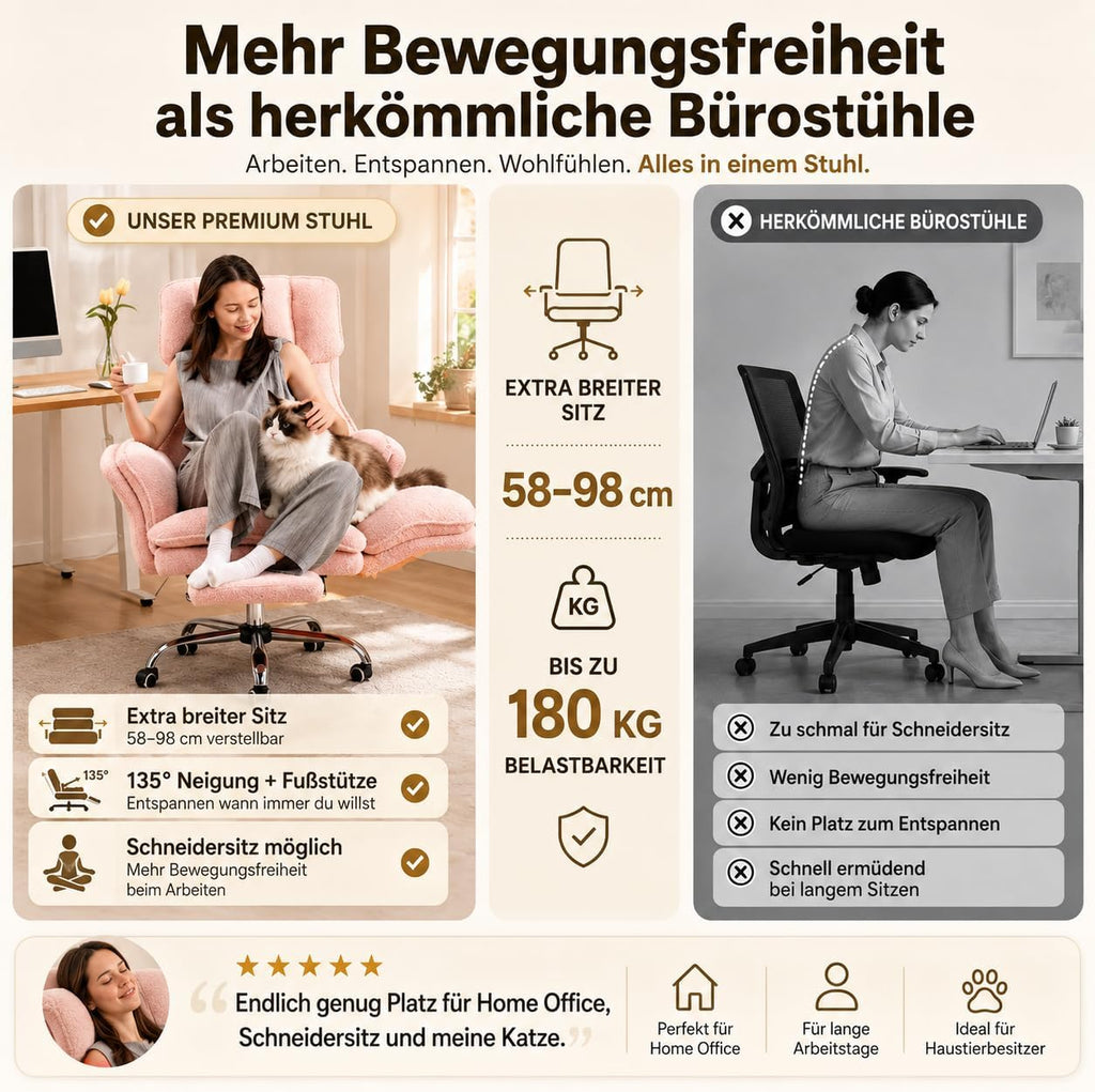 Bürostuhl mit Fußstütze Modell BGY01 Teddy Stoff Drehstuhl 135° verstellbare Rückenlehne extra breiter Sitz Home Office