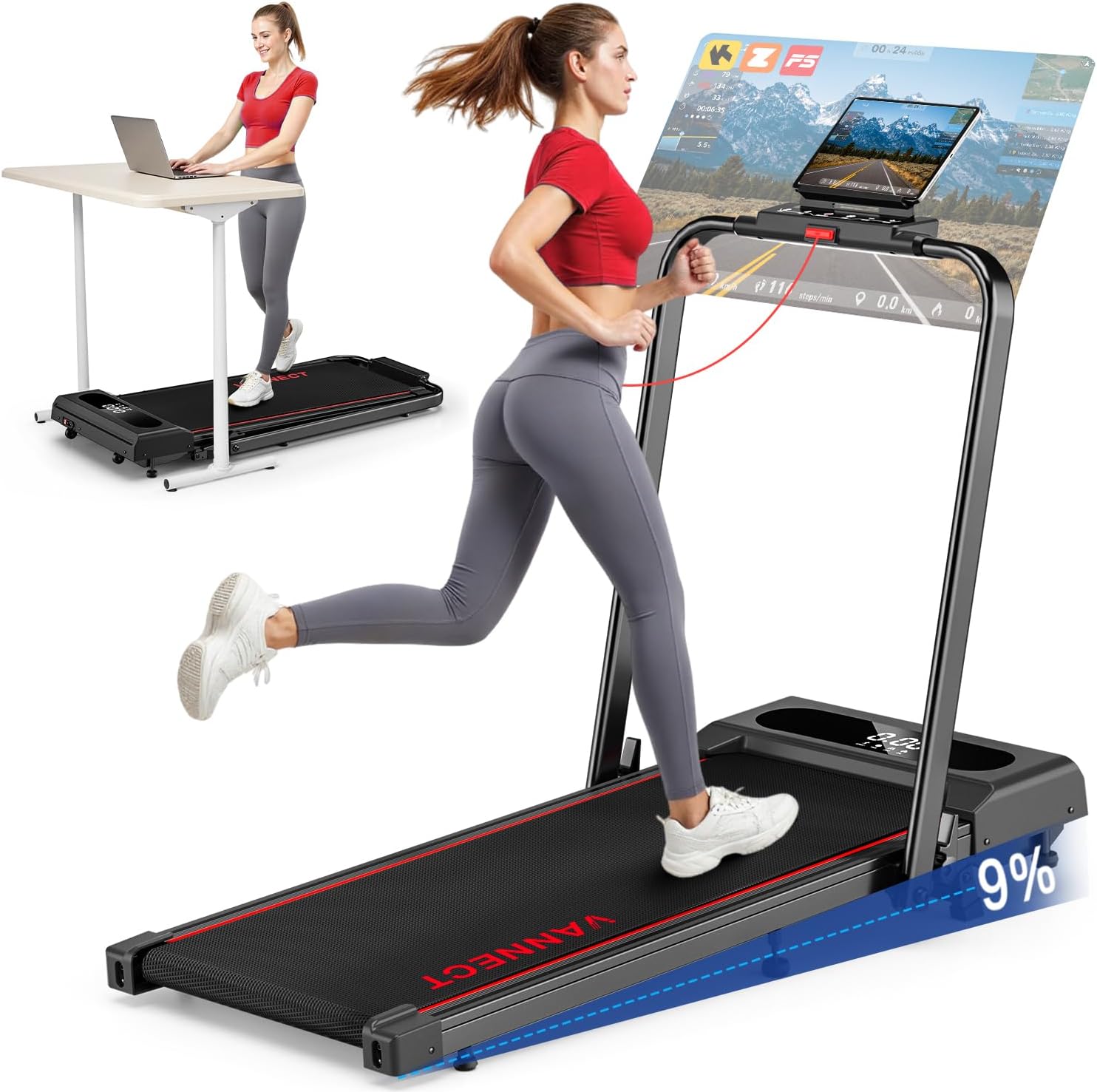Walking Pad Laufband X390 klappbar mit 9% Steigung 1-12 km/h LCD Display App Steuerung Handlauf und Fernbedienung