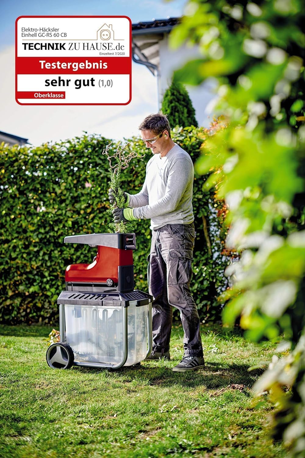 Elektro Leisehäcksler GC-RS 60 CB 2800W mit Schneidwalze für Äste bis 45 mm und transparenter 60 L Fangbox