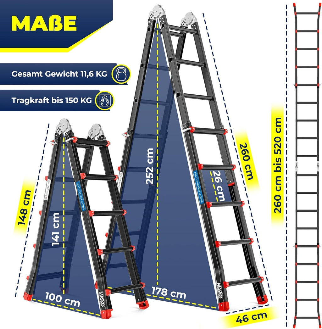 Mehrzweckleiter Aluminium 6in1 19458_mfn 20 Sprossen 150 kg Tragfähigkeit ausziehbar bis 520 cm klappbar rutschfest Gelenkleiter